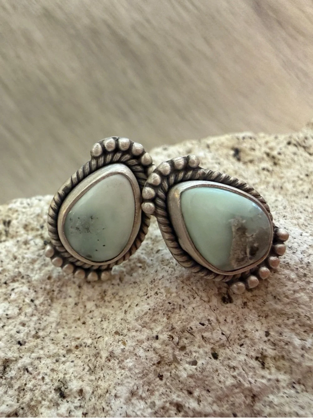 ❤️ Paloma Variscite Navajo Style Brushed Sterling Stud Earrings Closed Back